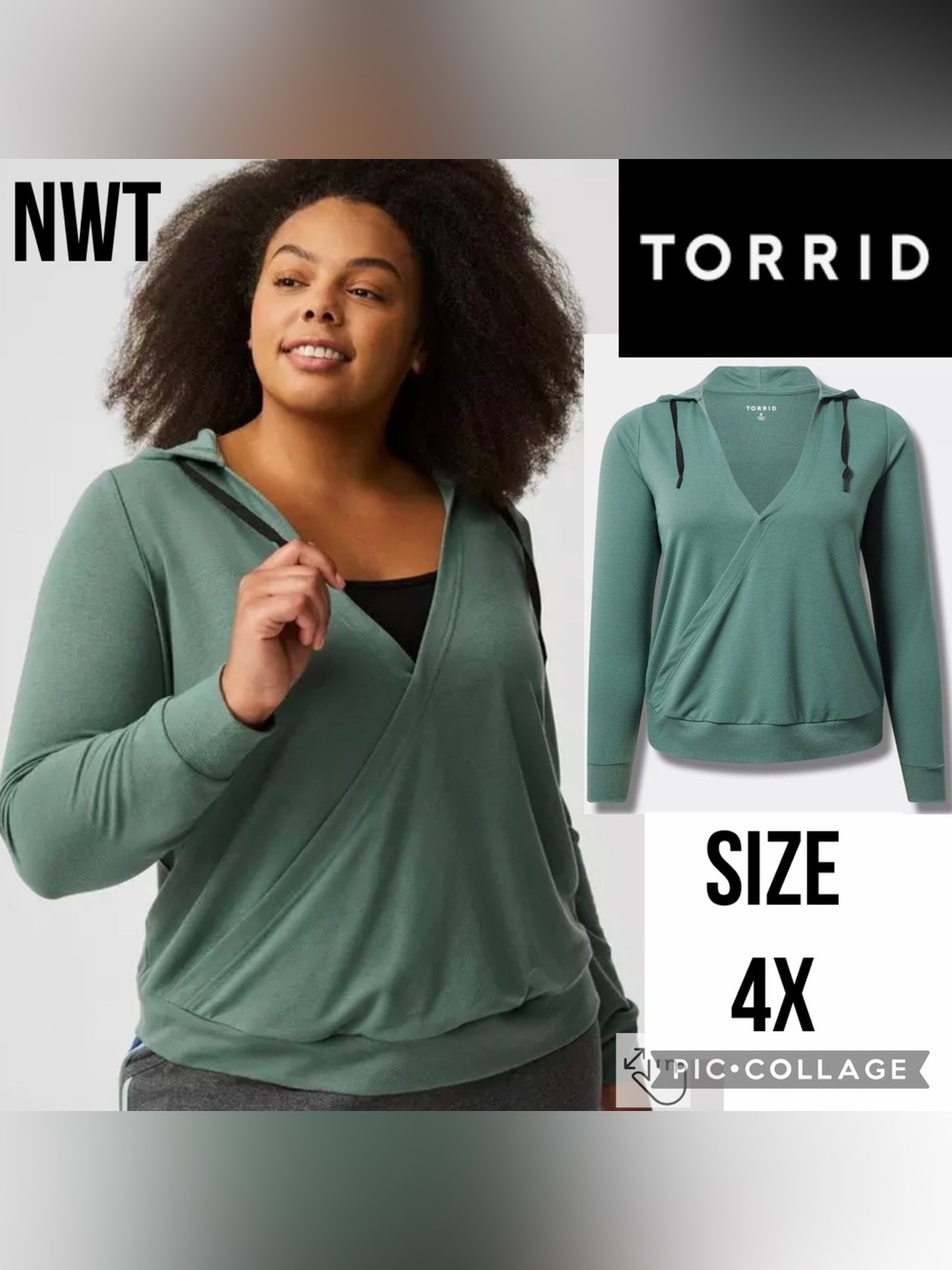 NWT Torrid Womens Hoodie Green Active French Terry Surplice Long Sleeve Size 4X